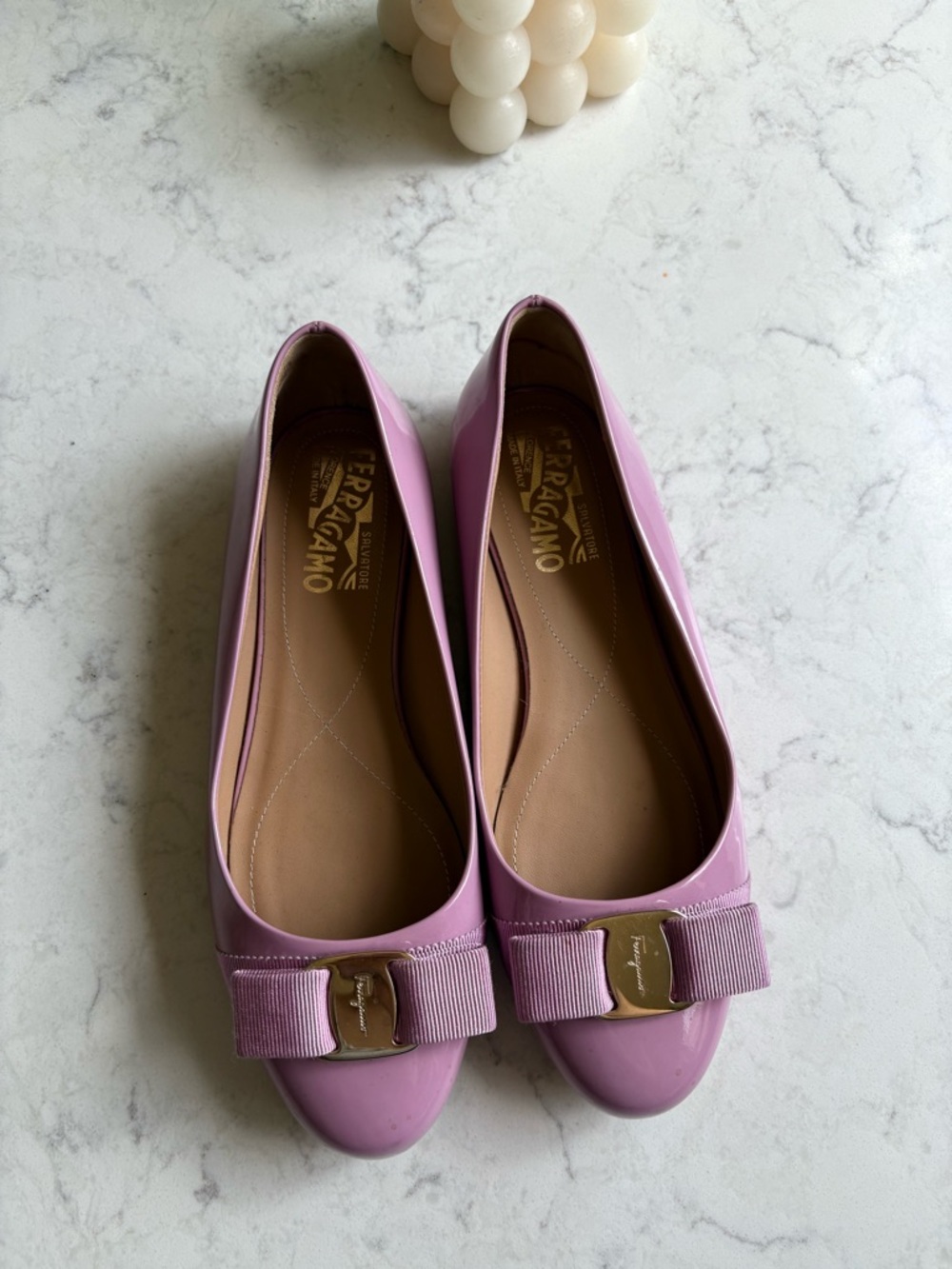 Salvatore Ferragamo Lilac Patent Vara Bow Flats